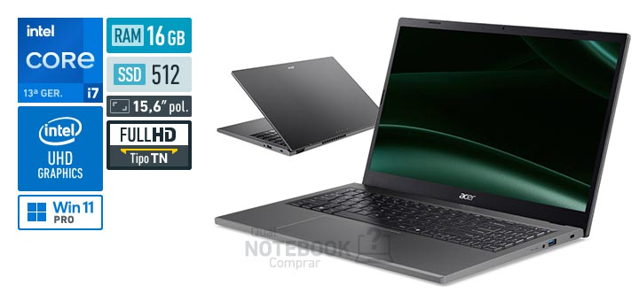 Acer Aspire Go 15 AG15-71P-75N2 Core i7-13620H 13a geracao UHD Graphics 64 EUs Windows 11 Pro RAM 16 GB SSD 512 GB Tela LED 15-6 polegadas Full HD TN Garantia 1 ano