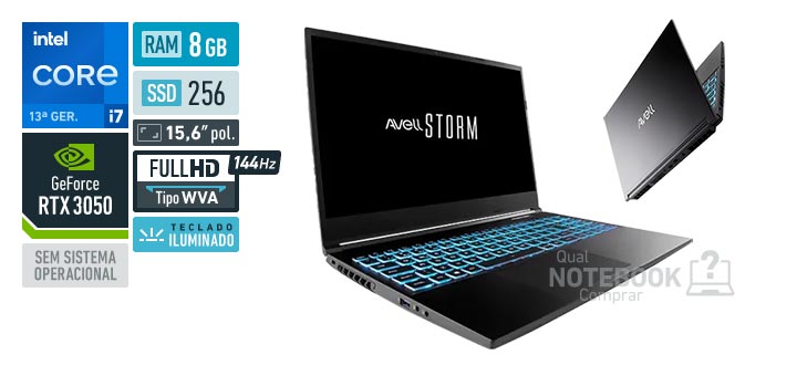 Avell Storm 350 MN000150 Core i7-13620H 13a geracao GeForce RTX 3050 Sem sistema operacional RAM 8 GB SSD 256 GB Tela LED 15-6 polegadas Full HD WVA 144 Hz Teclado iluminado Garantia 1 ano
