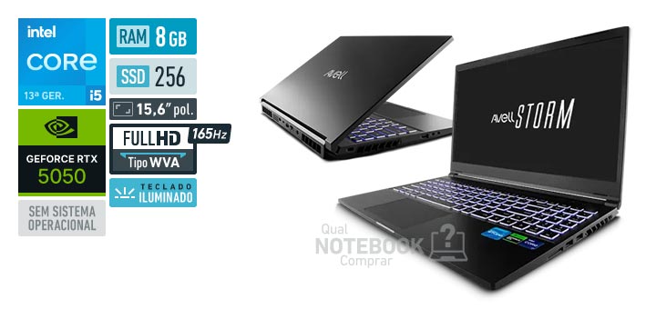 Avell Storm 550 MN000151 Core i5-14450HX 13a geracao GeForce RTX 5050 Sem sistema operacional RAM 8 GB SSD 256 GB Tela LED 15-6 polegadas Full HD WVA 165 Hz Teclado iluminado Garantia 1 ano