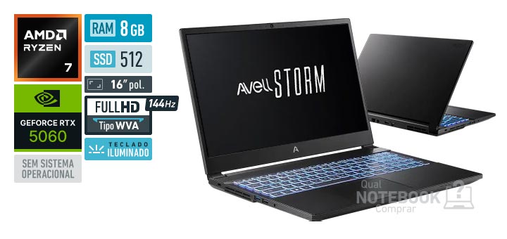 Avell Storm 560 MN000149 Ryzen 7 255 Serie 200 GeForce RTX 5060 Sem sistema operacional RAM 8 GB SSD 512 GB Tela LED 16 polegadas Full HD WVA 144 Hz Teclado iluminado Garantia 1 ano
