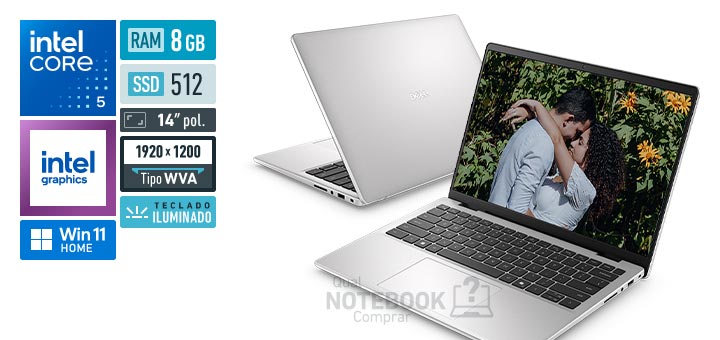 Dell 14 DC14-C5120U-C10 Core 5-120U Serie 1 Graphics 80 EUs Windows 11 Home RAM 8 GB SSD 512 GB Tela LED 14 polegadas WUXGA WVA Teclado iluminado Garantia 1 ano