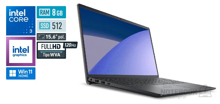 Dell 15 DC15-C3100-A20 Core 3-100U Serie 1 Graphics 64 EUs Windows 11 Home RAM 8 GB SSD 512 GB Tela LED 15-6 polegadas Full HD WVA 120 Hz Garantia 1 ano