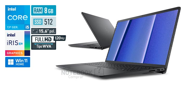 Dell 15 DC15-I51334U-A50 Core i5-1334U 13a geracao Iris Xe Graphics G7 80 EUs Windows 11 Home RAM 8 GB SSD 512 GB Tela LED 15-6 polegadas Full HD WVA 120 Hz Garantia 1 ano