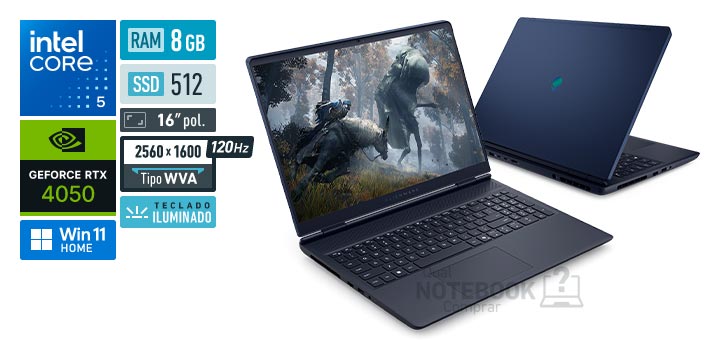 Dell Alienware 16 Aurora AC16-C5210H-M15 Core 5-210H Serie 2 GeForce RTX 4050 Windows 11 Home RAM 8 GB SSD 512 GB Tela LED 16 polegadas 2560 x 1600 px WVA 120 Hz Teclado iluminado