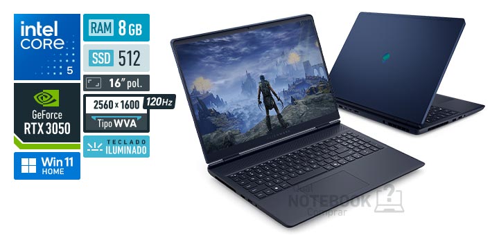Dell Alienware 16 Aurora AC16-C5210H-M5 Core 5-210H Serie 2 GeForce RTX 3050 Windows 11 Home RAM 8 GB SSD 512 GB Tela LED 16 polegadas 2560 x 1600 px WVA 120 Hz Teclado iluminado