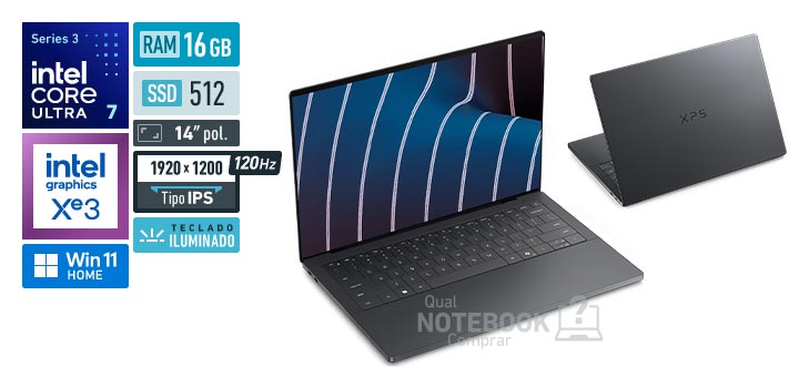 Dell XPS 14 DA14260-07_usx Core Ultra 7-355 Serie 3 Graphics 4 Xe3 iGPU Windows 11 Home RAM 16 GB SSD 512 GB Tela LED 14 polegadas WUXGA IPS 120 Hz Teclado iluminado Garantia 1 ano
