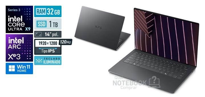 Dell XPS 14 DA14260-09_usx Core Ultra X9-388H Serie 3 Arc Graphics B390 Windows 11 Home RAM 32 GB SSD 1 TB Tela LED 14 polegadas WUXGA IPS 120 Hz Teclado iluminado Garantia 1 ano