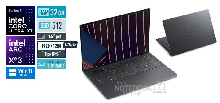 Dell XPS 14 DA14260-17_usx Core Ultra X7-358H Serie 3 Arc Graphics B390 Windows 11 Home RAM 32 GB SSD 512 GB Tela LED 14 polegadas WUXGA IPS 120 Hz Teclado iluminado Garantia 1 ano