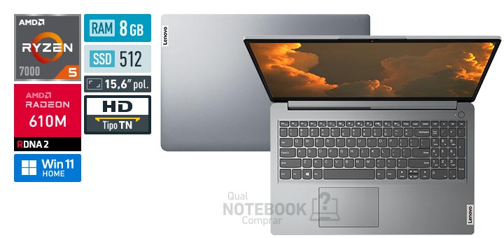 Lenovo IdeaPad 1 82X5000PBR Ryzen 5 7520U Serie 7000 Radeon 610M Windows 11 Home RAM 8 GB SSD 512 GB Tela LED 15-6 polegadas HD TN Garantia 1 ano Premium Care