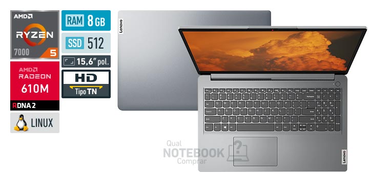 Lenovo IdeaPad 1 82X5S00700 Ryzen 5 7520U Serie 7000 Radeon 610M Linux RAM 8 GB SSD 512 GB Tela LED 15-6 polegadas HD TN Garantia 1 ano Premium Care