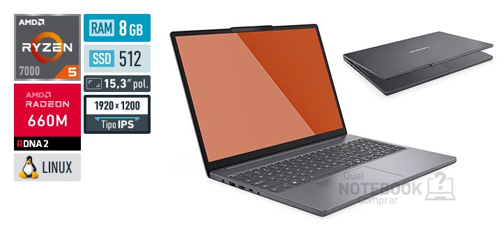 Lenovo IdeaPad Slim 3 83MMS00300 Ryzen 5 7535HS Serie 7000 Radeon 660M Linux RAM 8 GB SSD 512 GB Tela LED 15-3 polegadas WUXGA IPS Garantia 1 ano Premium Care