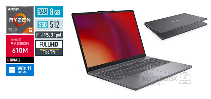 Lenovo IdeaPad Slim 3 83V80000BO Ryzen 5 7520U Serie 7000 Radeon 610M Windows 11 Home RAM 8 GB SSD 512 GB Tela LED 15-3 polegadas Full HD TN Garantia 1 ano