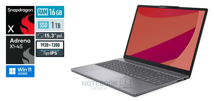 Lenovo IdeaPad Slim 3x 83TW0003BO Snapdragon X X1-26-100 Adreno X1-45 1-7 TFLOPS Windows 11 Home RAM 16 GB SSD 1 TB Tela LED 15-3 polegadas WUXGA IPS Garantia 1 ano