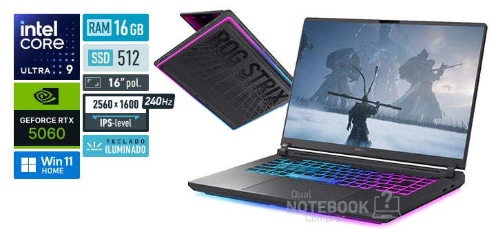 ASUS Rog Strix G16 G615LM-S5007W Core Ultra 9-275HX Serie 2 GeForce RTX 5060 Windows 11 Home RAM 16 GB SSD 512 GB Tela LED 16 polegadas 2560 x 1600 px IPS-level 240 Hz Teclado iluminado