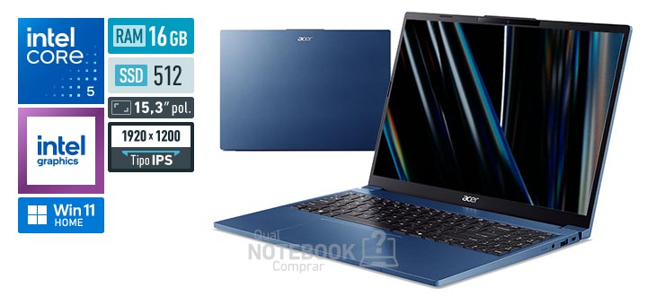 Acer Aspire Go 15 AG15-51P-504C Core 5-120U Serie 1 Graphics 80 EUs Windows 11 Home RAM 16 GB SSD 512 GB Tela LED 15-3 polegadas WUXGA IPS Garantia 1 ano