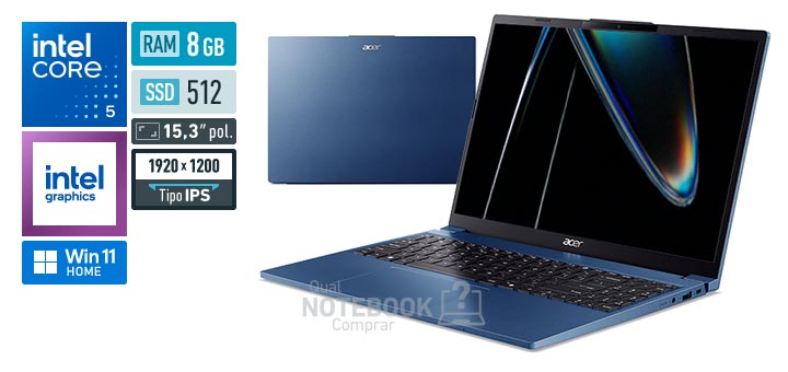 Acer Aspire Go 15 AG15-51P-52BH Core 5-120U Serie 1 Graphics 80 EUs Windows 11 Home RAM 8 GB SSD 512 GB Tela LED 15-3 polegadas WUXGA IPS Garantia 1 ano