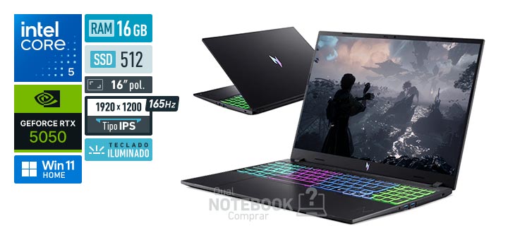 Acer Nitro V16 ANV16-I31-50ZU Core 5-210H Serie 2 GeForce RTX 5050 Windows 11 Home RAM 16 GB SSD 512 GB Tela LED 16 polegadas WUXGA IPS 165 Hz Teclado iluminado Garantia 1 ano