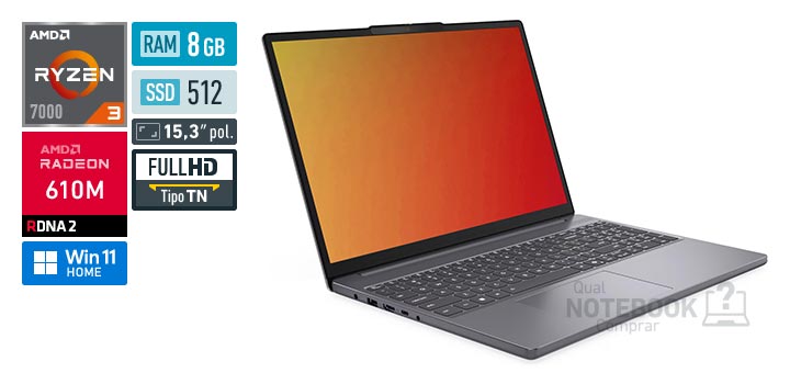Lenovo IdeaPad Slim 3 83V80002BO Ryzen 3 7320U Serie 7000 Radeon 610M Windows 11 Home RAM 8 GB SSD 512 GB Tela LED 15-3 polegadas Full HD TN Garantia 1 ano