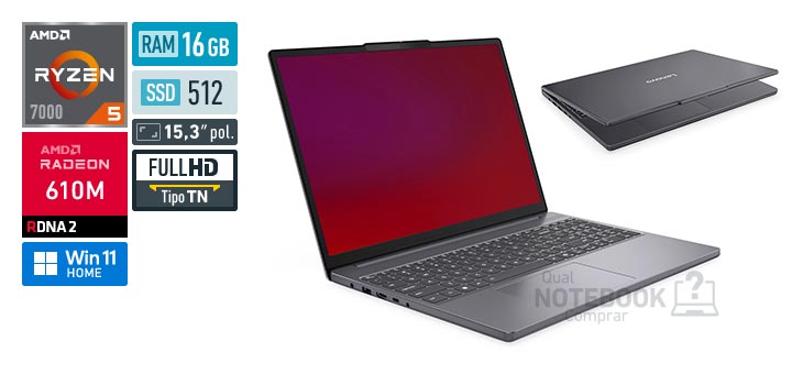 Lenovo IdeaPad Slim 3 83V80004BO Ryzen 5 7520U Serie 7000 Radeon 610M Windows 11 Home RAM 16 GB SSD 512 GB Tela LED 15-3 polegadas Full HD TN Garantia 1 ano