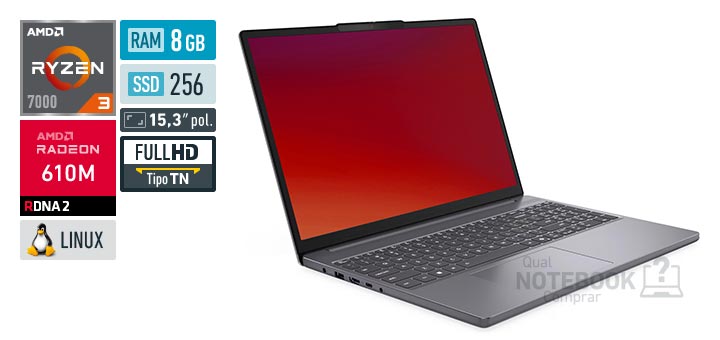 Lenovo IdeaPad Slim 3 83V8S00000 Ryzen 3 7320U Serie 7000 Radeon 610M Linux RAM 8 GB SSD 256 GB Tela LED 15-3 polegadas Full HD TN Garantia 1 ano
