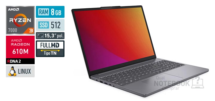 Lenovo IdeaPad Slim 3 83V8S00100 Ryzen 3 7320U Serie 7000 Radeon 610M Linux RAM 8 GB SSD 512 GB Tela LED 15-3 polegadas Full HD TN Garantia 1 ano
