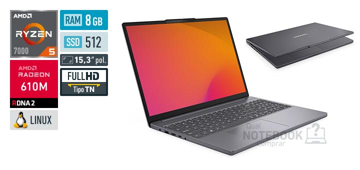 Lenovo IdeaPad Slim 3 83V8S00300 Ryzen 5 7520U Serie 7000 Radeon 610M Linux RAM 8 GB SSD 512 GB Tela LED 15-3 polegadas Full HD TN Garantia 1 ano