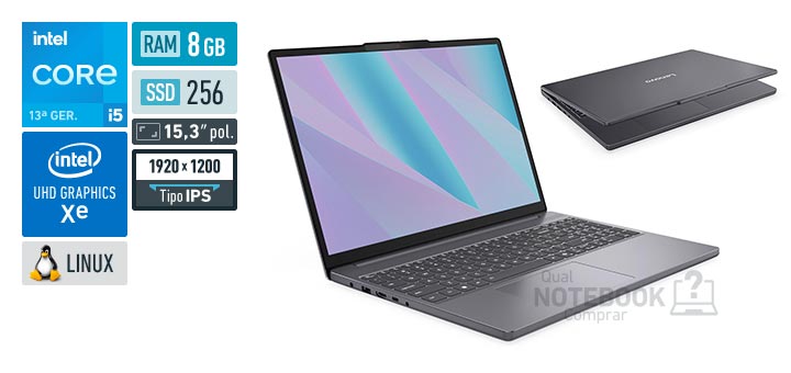 Lenovo IdeaPad Slim 3i 83NSS00300 Core i5-13420H 13a geracao UHD Graphics Xe G4 48 EUs Linux RAM 8 GB SSD 256 GB Tela LED 15-3 polegadas WUXGA IPS Garantia 1 ano