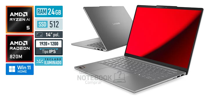 Lenovo IdeaPad Slim 5 83NJ0005BR Ryzen AI 5 330 Serie AI 300 Radeon 820M Windows 11 Home RAM 24 GB SSD 512 GB Tela LED 14 polegadas WUXGA IPS Teclado iluminado Garantia 1 ano