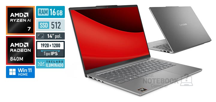Lenovo IdeaPad Slim 5 83VV0001BO Ryzen AI 7 445 Serie AI 400 Radeon 840M Windows 11 Home RAM 16 GB SSD 512 GB Tela LED 14 polegadas WUXGA IPS Teclado iluminado Garantia 1 ano Premium Care