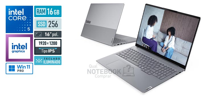 Lenovo ThinkBook 16 21TW0003BO Core 5-210H Serie 2 Graphics 48 EUs Windows 11 Pro RAM 16 GB SSD 256 GB Tela LED 16 polegadas WUXGA IPS Teclado iluminado Garantia 1 ano