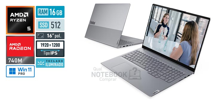 Lenovo ThinkBook 16 22BW0001BO Ryzen 5 220 Serie 200 Radeon 740M Windows 11 Pro RAM 16 GB SSD 512 GB Tela LED 16 polegadas WUXGA IPS Teclado iluminado Garantia 1 ano
