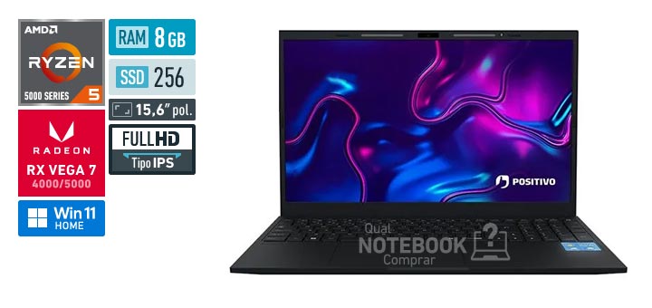 Positivo Vision R15M 3003056 Ryzen 5 5500U Serie 5000 Radeon RX Vega 7 4000-5000 Windows 11 Home RAM 8 GB SSD 256 GB Tela LED 15-6 polegadas Full HD IPS Minitela integrada IPS Lumina Bar