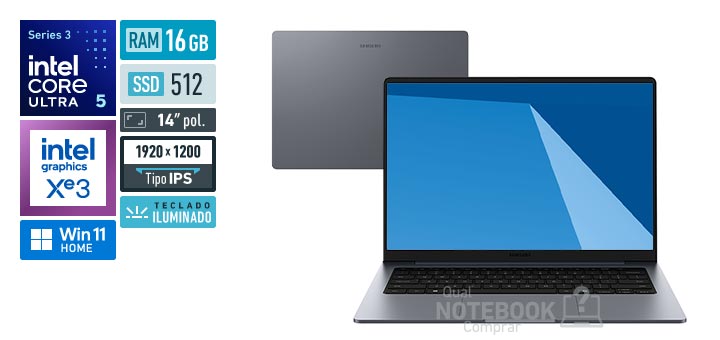 Samsung Galaxy Book6 NP740VJG-LA3BR Core Ultra 5-325 Serie 3 Graphics 4 Xe3 iGPU Windows 11 Home RAM 16 GB SSD 512 GB Tela LED 14 polegadas WUXGA IPS Teclado iluminado Garantia 1 ano