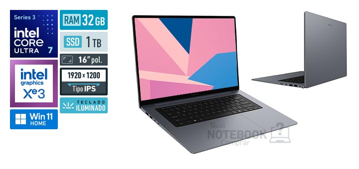 Samsung Galaxy Book6 NP760VJG-LG1BR Core Ultra 7-355 Serie 3 Graphics 4 Xe3 iGPU Windows 11 Home RAM 32 GB SSD 1 TB Tela LED 16 polegadas WUXGA IPS Teclado iluminado Garantia 1 ano