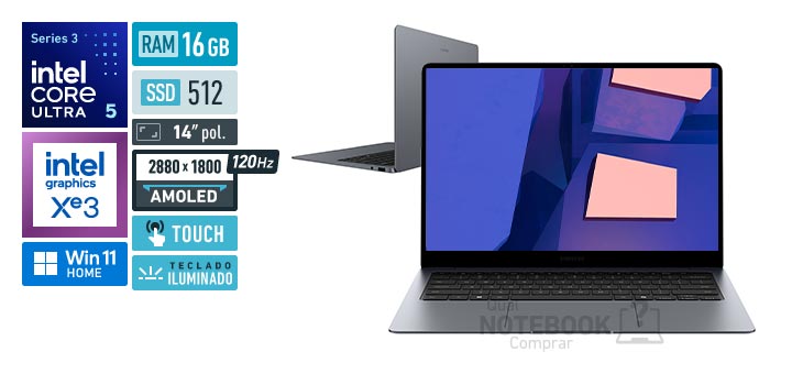 Samsung Galaxy Book6 Pro NP940XJG-LA2BR Core Ultra 5-325 Serie 3 Graphics 4 Xe3 iGPU Windows 11 Home RAM 16 GB SSD 512 GB Tela AMOLED 14 polegadas touch 2880 x 1800 px 120 Hz