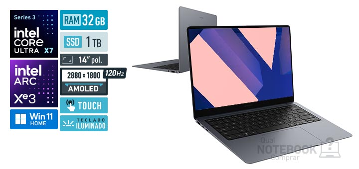 Samsung Galaxy Book6 Pro NP940XJG-LG1BR Core Ultra X7-358H Serie 3 Arc Graphics B390 Windows 11 Home RAM 32 GB SSD 1 TB Tela AMOLED 14 polegadas touch 2880 x 1800 px 120 Hz Teclado iluminado