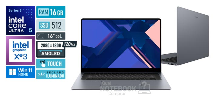Samsung Galaxy Book6 Pro NP960XJG-LA2BR Core Ultra 5-325 Serie 3 Graphics 4 Xe3 iGPU Windows 11 Home RAM 16 GB SSD 512 GB Tela AMOLED 16 polegadas touch 2880 x 1800 px 120 Hz