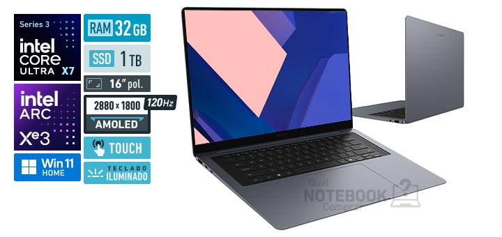 Samsung Galaxy Book6 Pro NP960XJG-LG1BR Core Ultra X7-358H Serie 3 Arc Graphics B390 Windows 11 Home RAM 32 GB SSD 1 TB Tela AMOLED 16 polegadas touch 2880 x 1800 px 120 Hz Teclado iluminado
