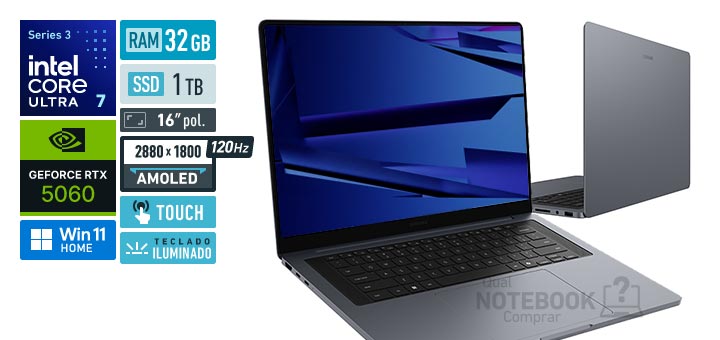 Samsung Galaxy Book6 Ultra NP960UJH-YG1BR Core Ultra 7-356H Serie 3 GeForce RTX 5060 Windows 11 Home RAM 32 GB SSD 1 TB Tela AMOLED 16 polegadas touch 2880 x 1800 px 120 Hz Teclado iluminado