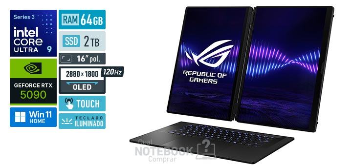 ASUS ROG Zephyrus Duo 16 GX651AX-SR077W Core Ultra 9-386H Serie 3 GeForce RTX 5090 Windows 11 Home RAM 64 GB SSD 2 TB Tela OLED 16 polegadas touch 2880 x 1800 px 120 Hz Teclado iluminado