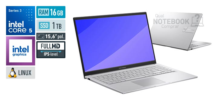 ASUS VivoBook 15 X1504MA-BQ246 Core 5-320 Serie 3 Graphics 2 Xe3 iGPU Linux RAM 16 GB SSD 1 TB Tela LED 15-6 polegadas Full HD IPS-level Garantia 1 ano