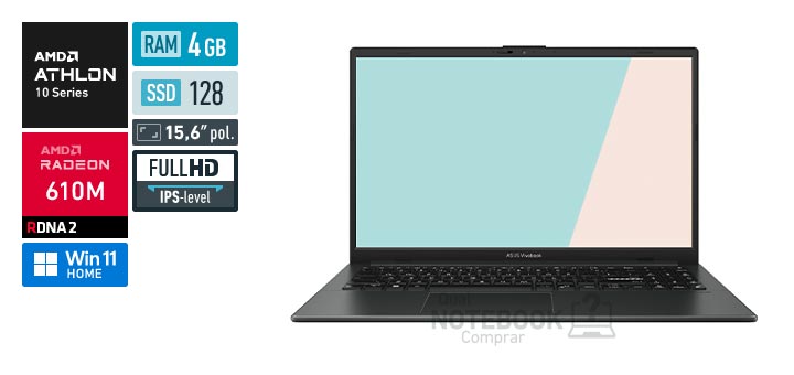 ASUS VivoBook Go 15 E1504FA-BQ5314WS Athlon Silver 10 Serie 10 Radeon 610M Windows 11 Home RAM 4 GB SSD 128 GB Tela LED 15-6 polegadas Full HD IPS-level Garantia 1 ano