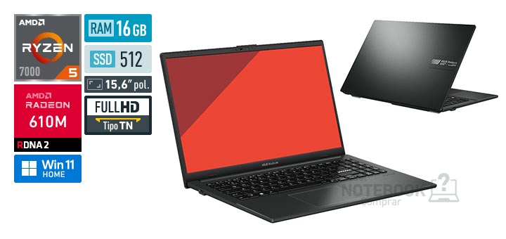 ASUS VivoBook Go 15 E1504FA-NJ1942W Ryzen 5 7520U Serie 7000 Radeon 610M Windows 11 Home RAM 16 GB SSD 512 GB Tela LED 15-6 polegadas Full HD TN Garantia 1 ano
