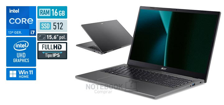Acer Aspire GO 15 AG15-71P-777T Core i7-13620H 13a geracao UHD Graphics 64 EUs Windows 11 Home RAM 16 GB SSD 512 GB Tela LED 15-6 polegadas Full HD IPS Garantia 1 ano
