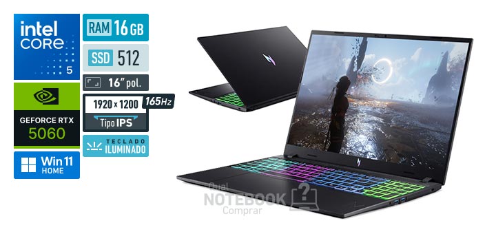 Acer Aspire Nitro V16 ANV16-I31-541M Core 5-210H Serie 2 GeForce RTX 5060 Windows 11 Home RAM 16 GB SSD 512 GB Tela LED 16 polegadas WUXGA IPS 165 Hz Teclado iluminado Garantia 1 ano