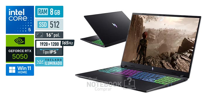 Acer Aspire Nitro V16 ANV16-I31-59MF Core 5-210H Serie 2 GeForce RTX 5050 Windows 11 Home RAM 8 GB SSD 512 GB Tela LED 16 polegadas WUXGA IPS 165 Hz Teclado iluminado Garantia 1 ano