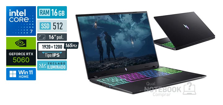 Acer Aspire Nitro V16 ANV16-I31-70Z0 Core 7-240H Serie 2 GeForce RTX 5060 Windows 11 Home RAM 16 GB SSD 512 GB Tela LED 16 polegadas WUXGA IPS 165 Hz Teclado iluminado Garantia 1 ano