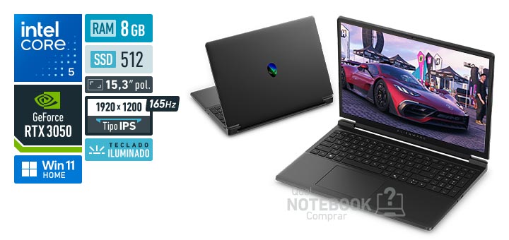 Dell Alienware 15 DA15-C5210H-A10 Core 5-210H Serie 2 GeForce RTX 3050 Windows 11 Home RAM 8 GB SSD 512 GB Tela LED 15-3 polegadas WUXGA IPS 165 Hz Teclado iluminado Garantia 1 ano