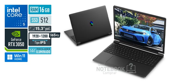 Dell Alienware 15 DA15-C5210H-A20 Core 5-210H Serie 2 GeForce RTX 3050 Windows 11 Home RAM 16 GB SSD 512 GB Tela LED 15-3 polegadas WUXGA IPS 165 Hz Teclado iluminado Garantia 1 ano