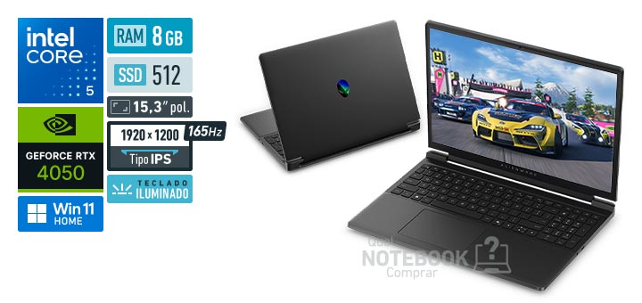 Dell Alienware 15 DA15-C5210H-A30 Core 5-210H Serie 2 GeForce RTX 4050 Windows 11 Home RAM 8 GB SSD 512 GB Tela LED 15-3 polegadas WUXGA IPS 165 Hz Teclado iluminado Garantia 1 ano